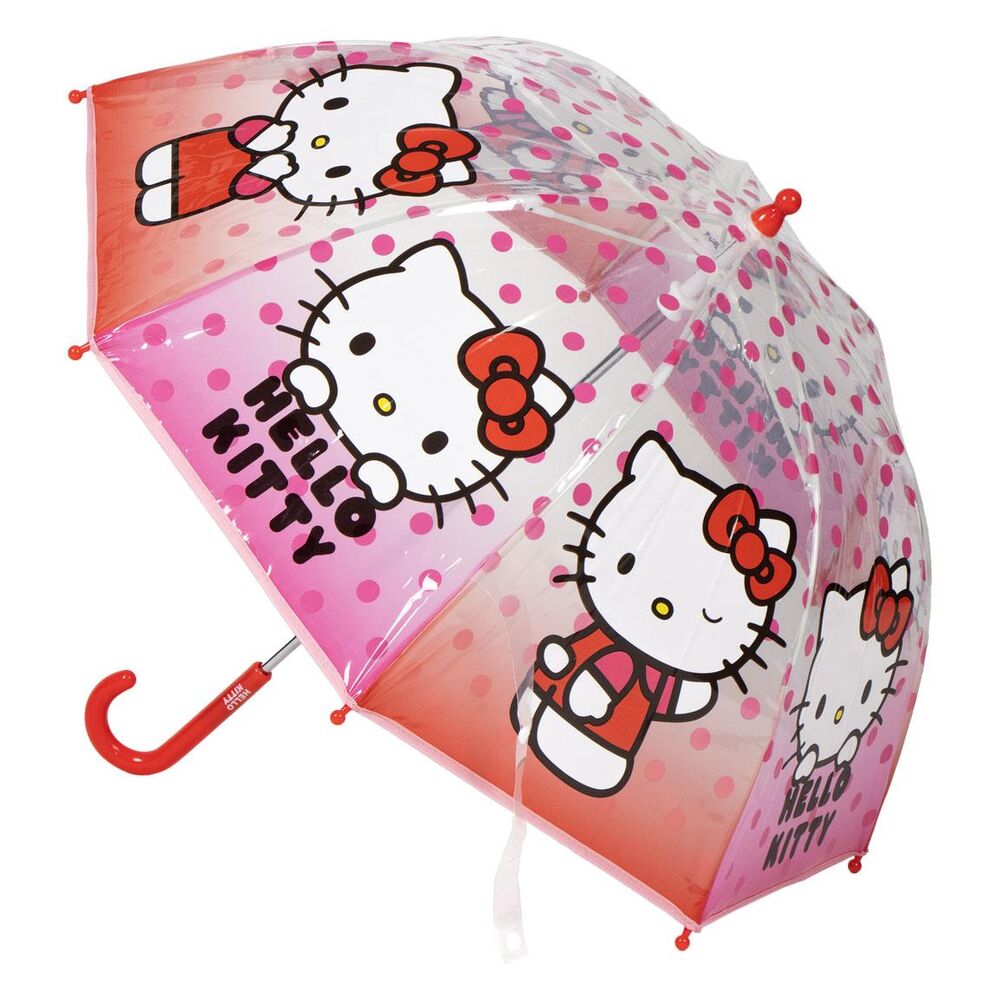 Paraguas burbuja transparente de Hello Kitty con lunares rosas y asa roja