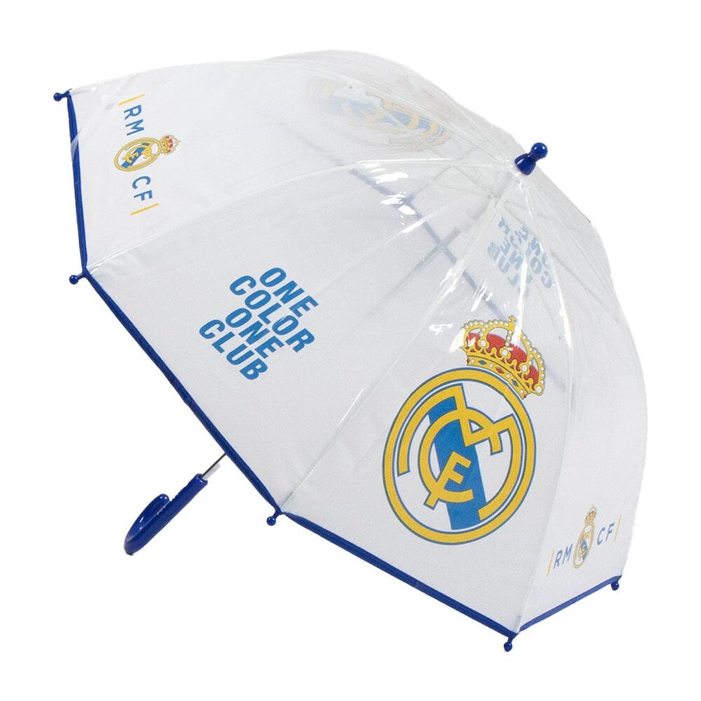 Paraguas manual transparente del Real Madrid con detalles azules