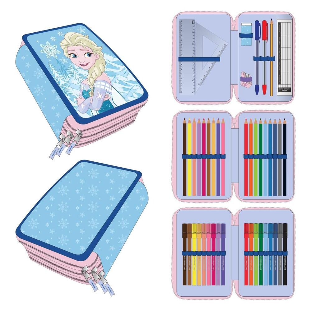 Plumier triple de Elsa Frozen Disney en azul y rosa