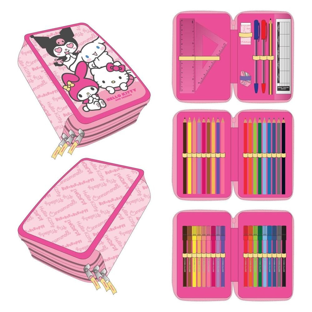 Plumier triple rosa Hello Kitty and Friends con tres compartimentos