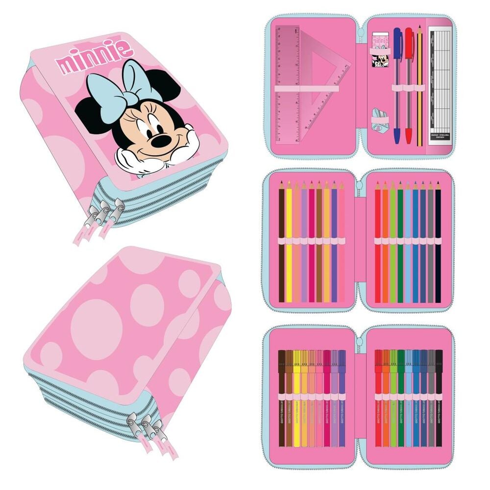 Plumier triple rosa de Minnie Disney con tres compartimentos