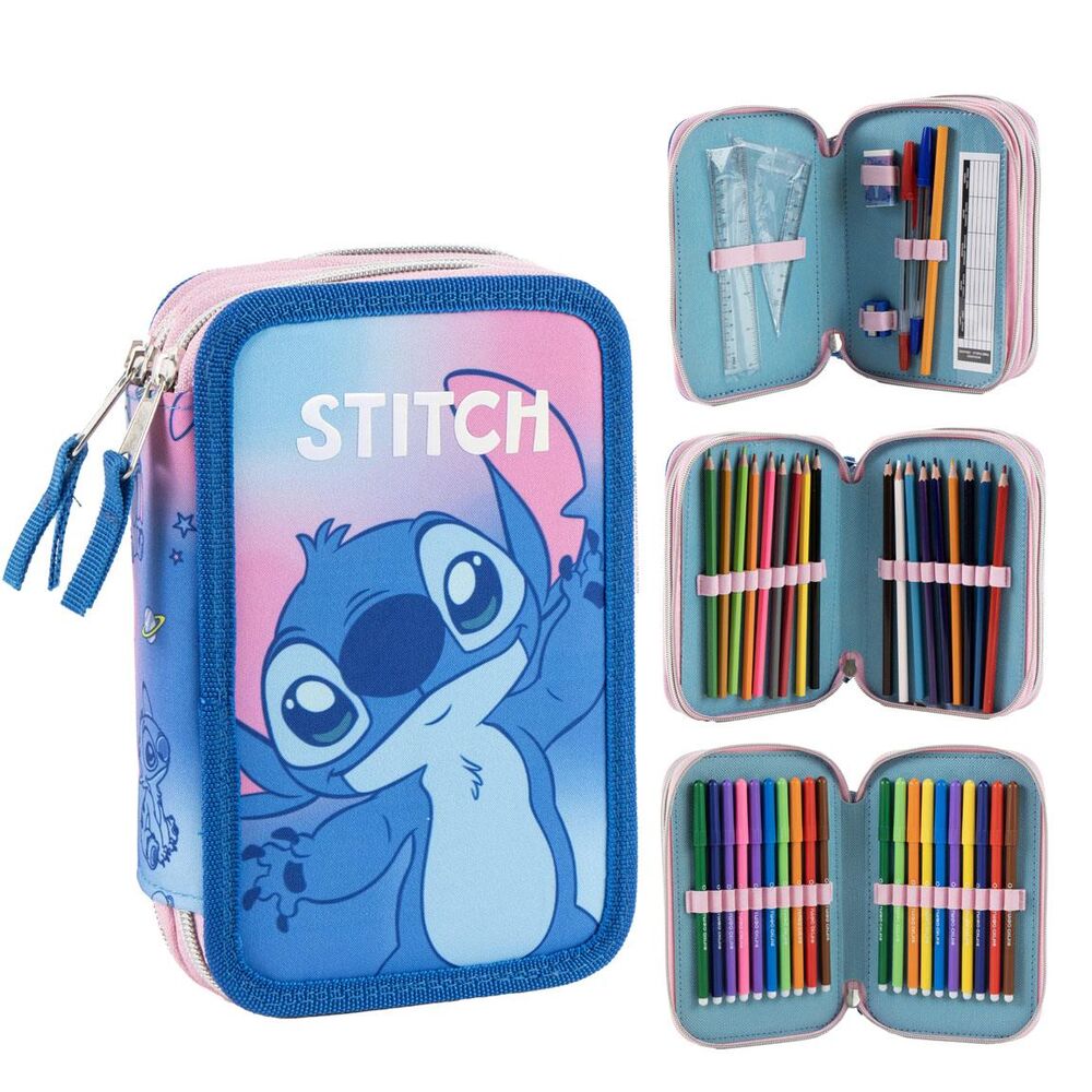 Plumier triple Stitch Disney azul y rosa con tres compartimentos