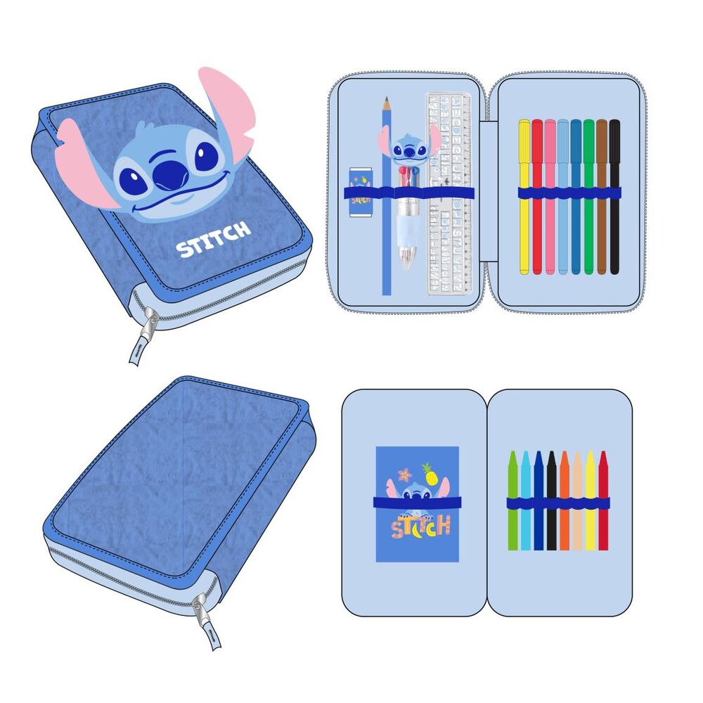 Plumier doble azul de Stitch Disney abierto