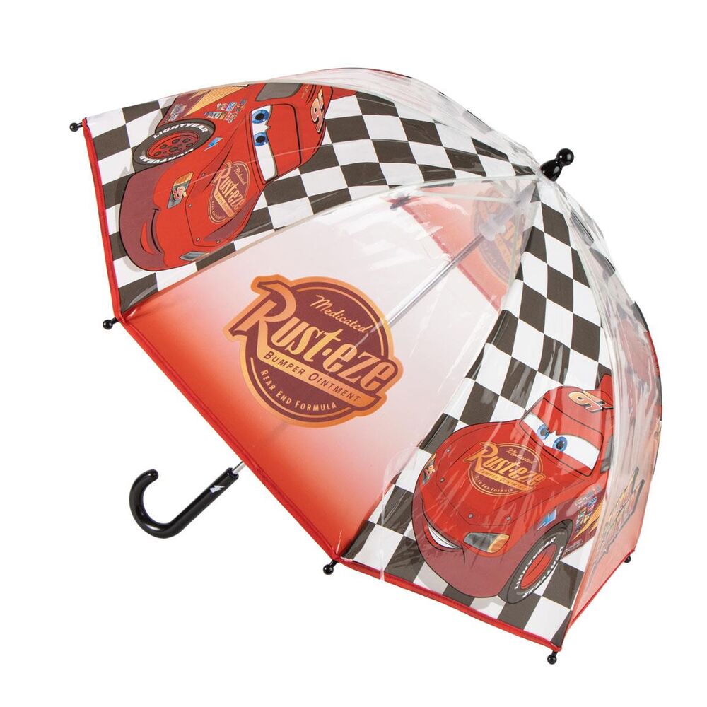 Paraguas manual transparente de Cars Disney con Rayo McQueen y bandera a cuadros