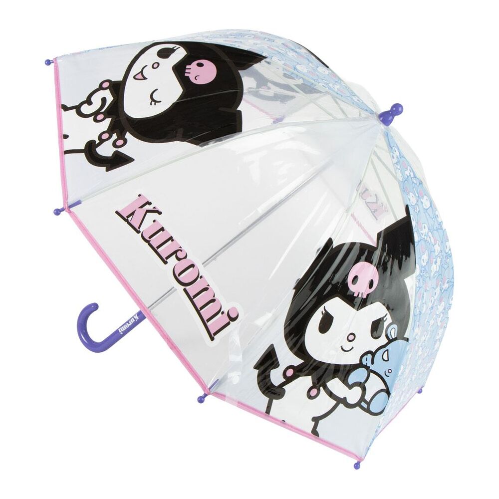 Paraguas transparente manual de Kuromi Hello Kitty con ribete rosa