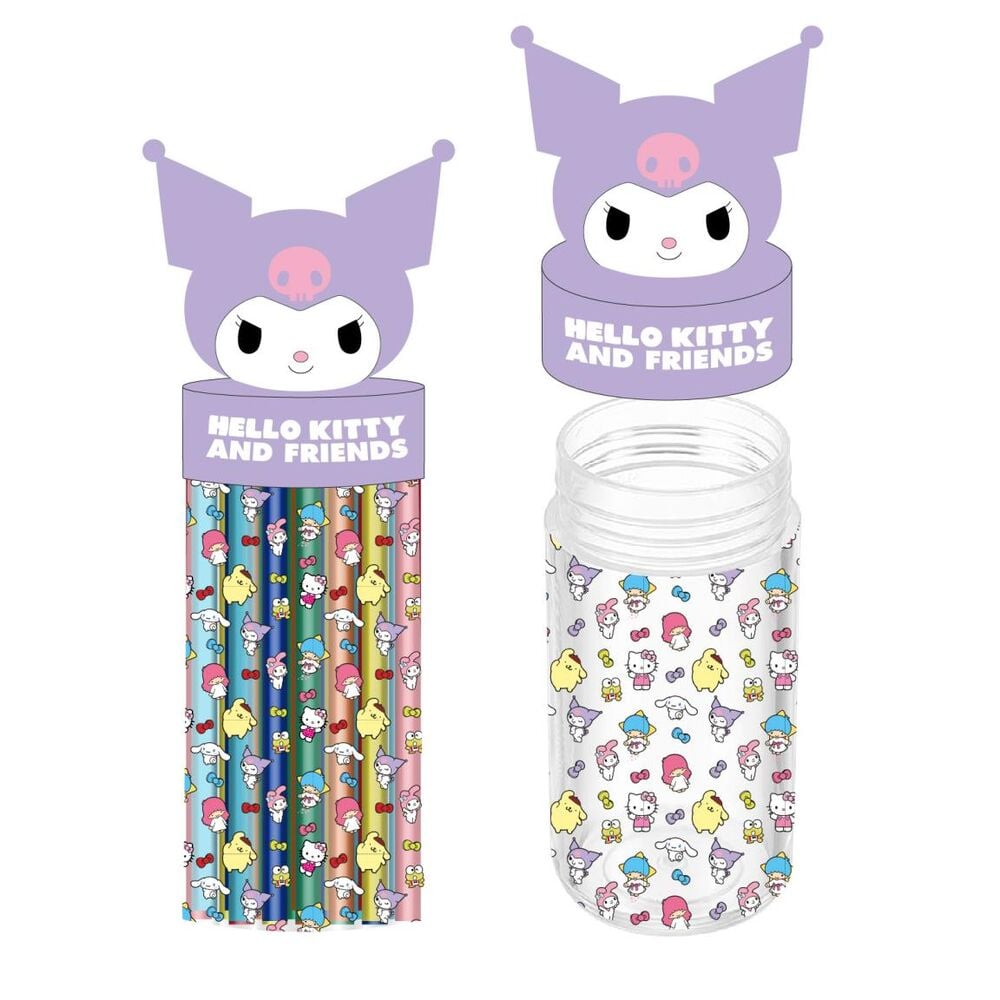 Portatodo bote Kuromi Hello Kitty con tapa morada y estampado colorido