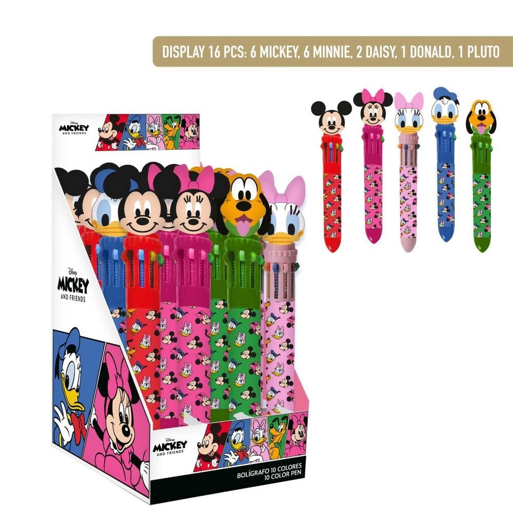 Bolígrafos Disney CERDÁ de 10 colores con personajes Mickey, Minnie, Daisy, Donald y Pluto