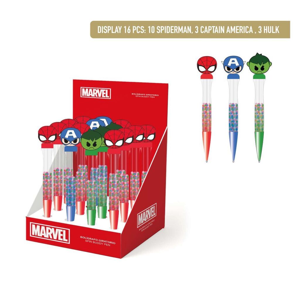 Expositor de bolígrafos giratorios Marvel con Spider-Man, Captain America y Hulk