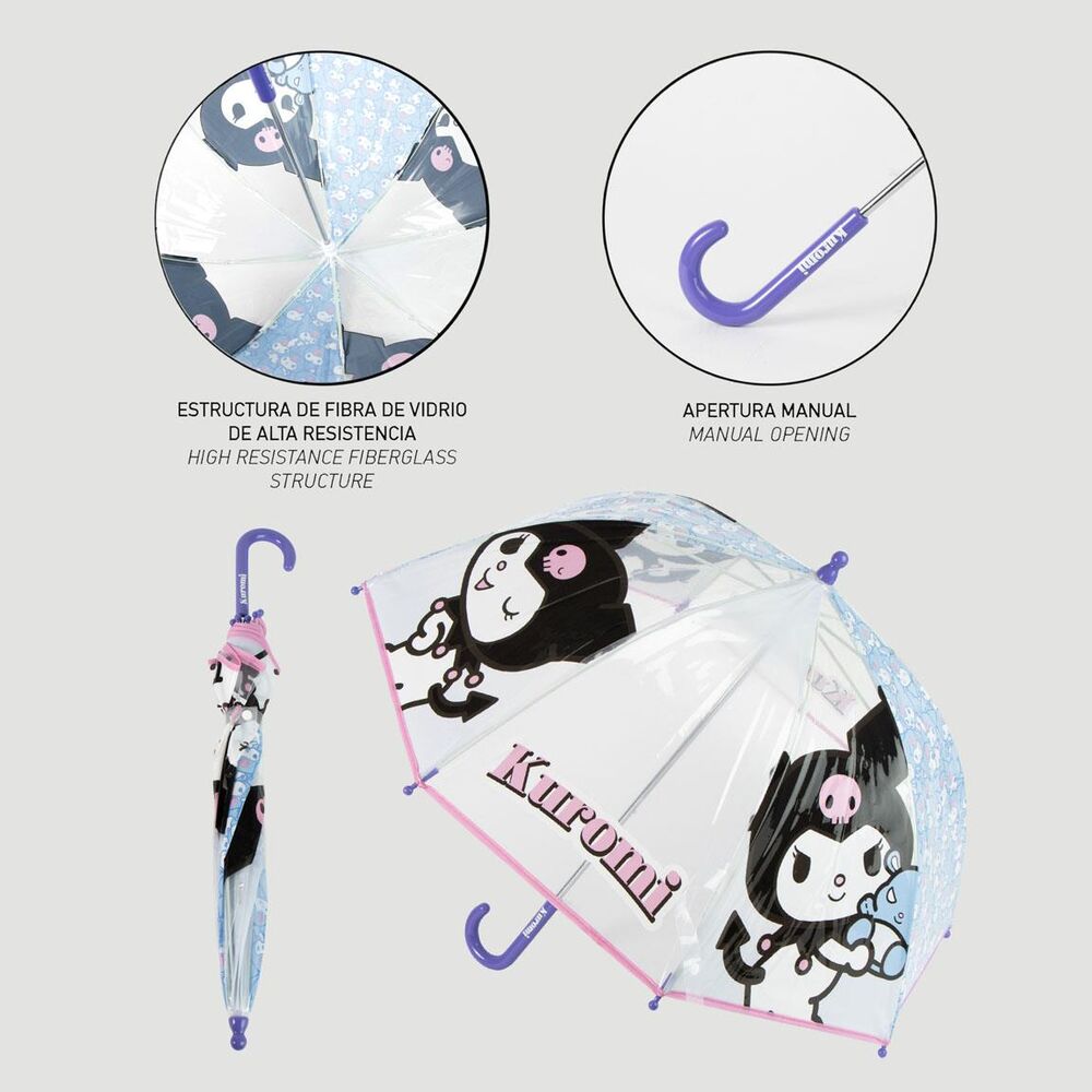 Paraguas transparente manual de Kuromi Hello Kitty con ribete rosa - 5