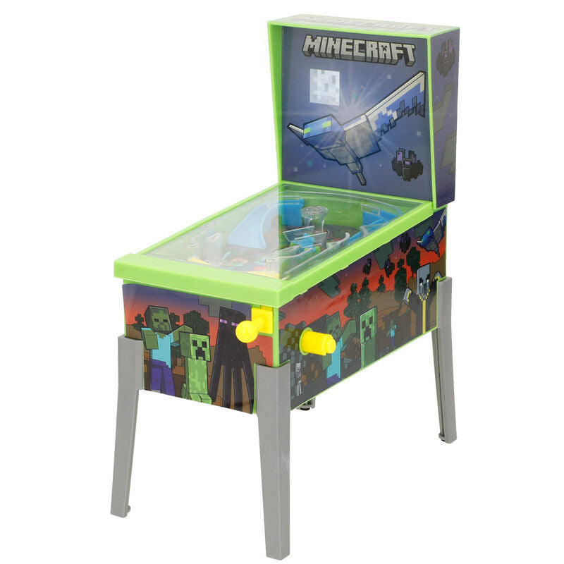 Mini arcade de pinball Minecraft verde con personajes pixelados