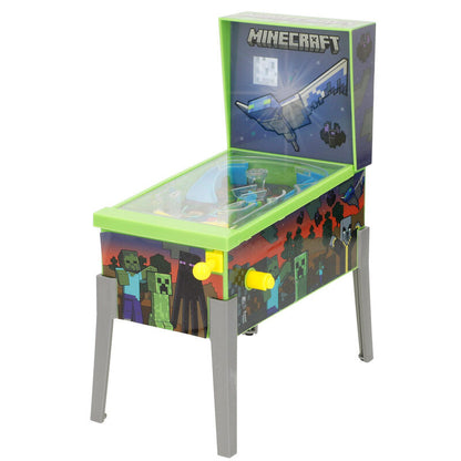 Mini arcade de pinball Minecraft verde con personajes pixelados