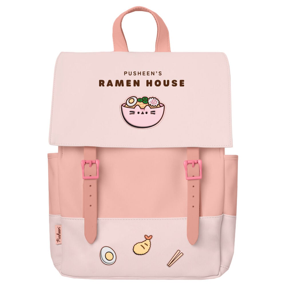 Mochila rosa Pusheen con ilustraciones de ramen y comida japonesa