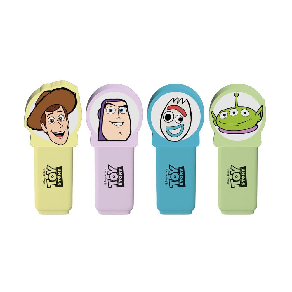Set de 4 subrayadores Toy Story con toppers de Woody, Buzz Lightyear, Forky y un alienígena