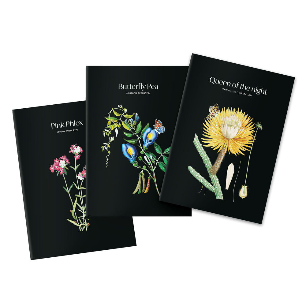 Set de tres cuadernos A5 ERIK Sleepless Garden con cubiertas botánicas negras