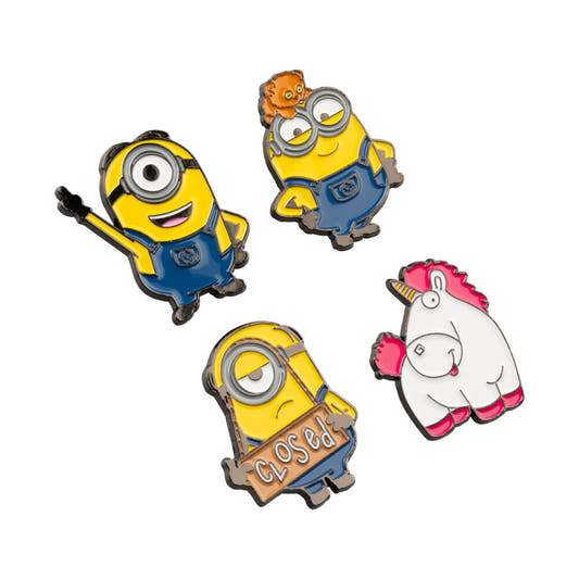 Set de cuatro pins esmaltados de Minions con broche trasero