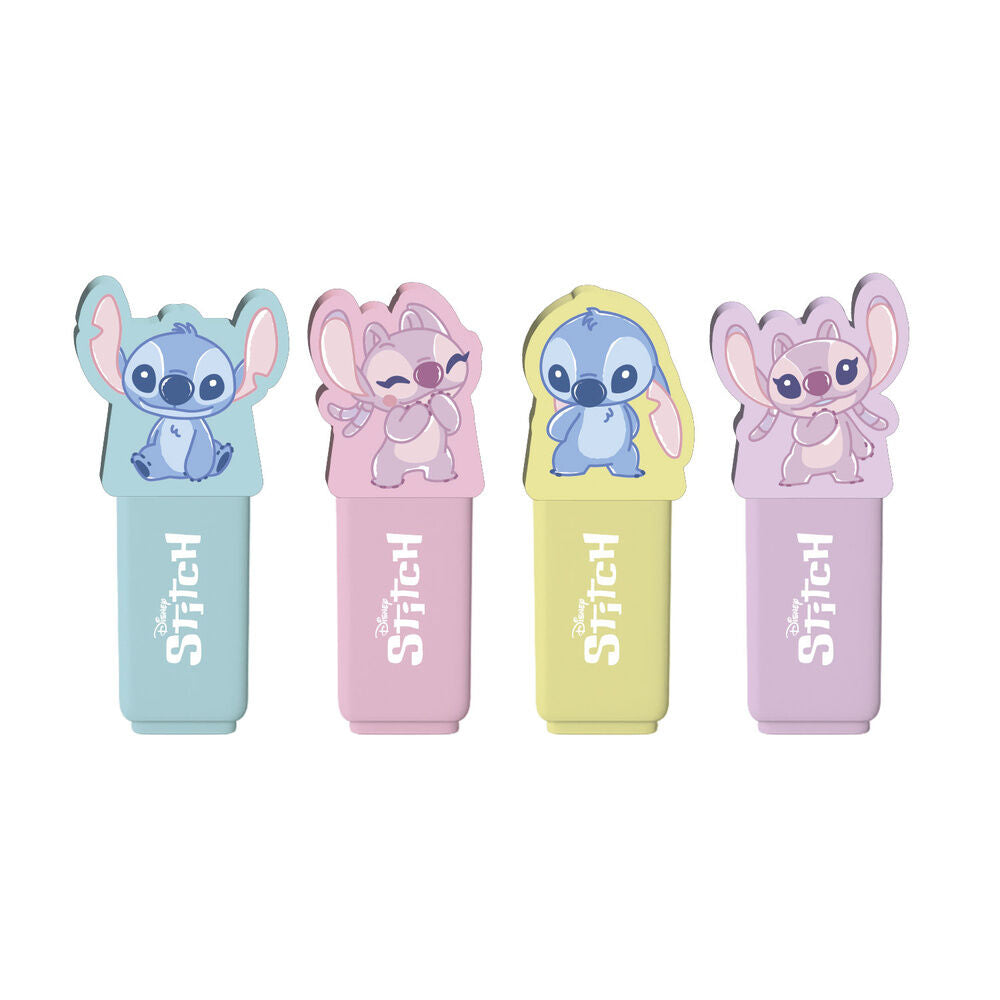 Set de cuatro subrayadores Stitch Disney con toppers en colores pastel