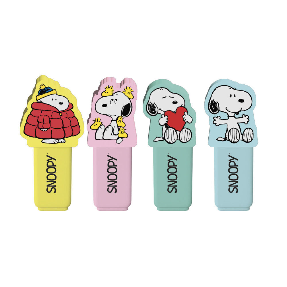Set de cuatro subrayadores Snoopy con toppers en tonos pastel