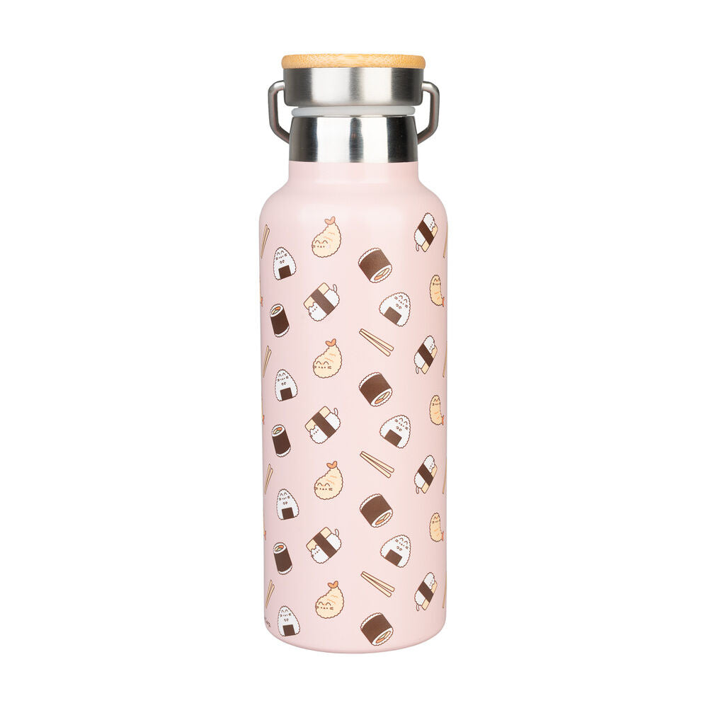Botella metálica rosa Pusheen Sushi Roll con estampado de sushi