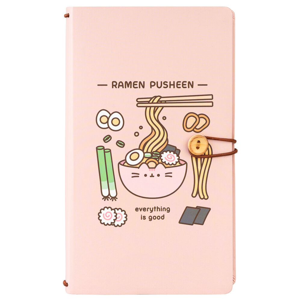 Cuaderno de viaje Pusheen rosa con diseño de ramen y cierre de botón