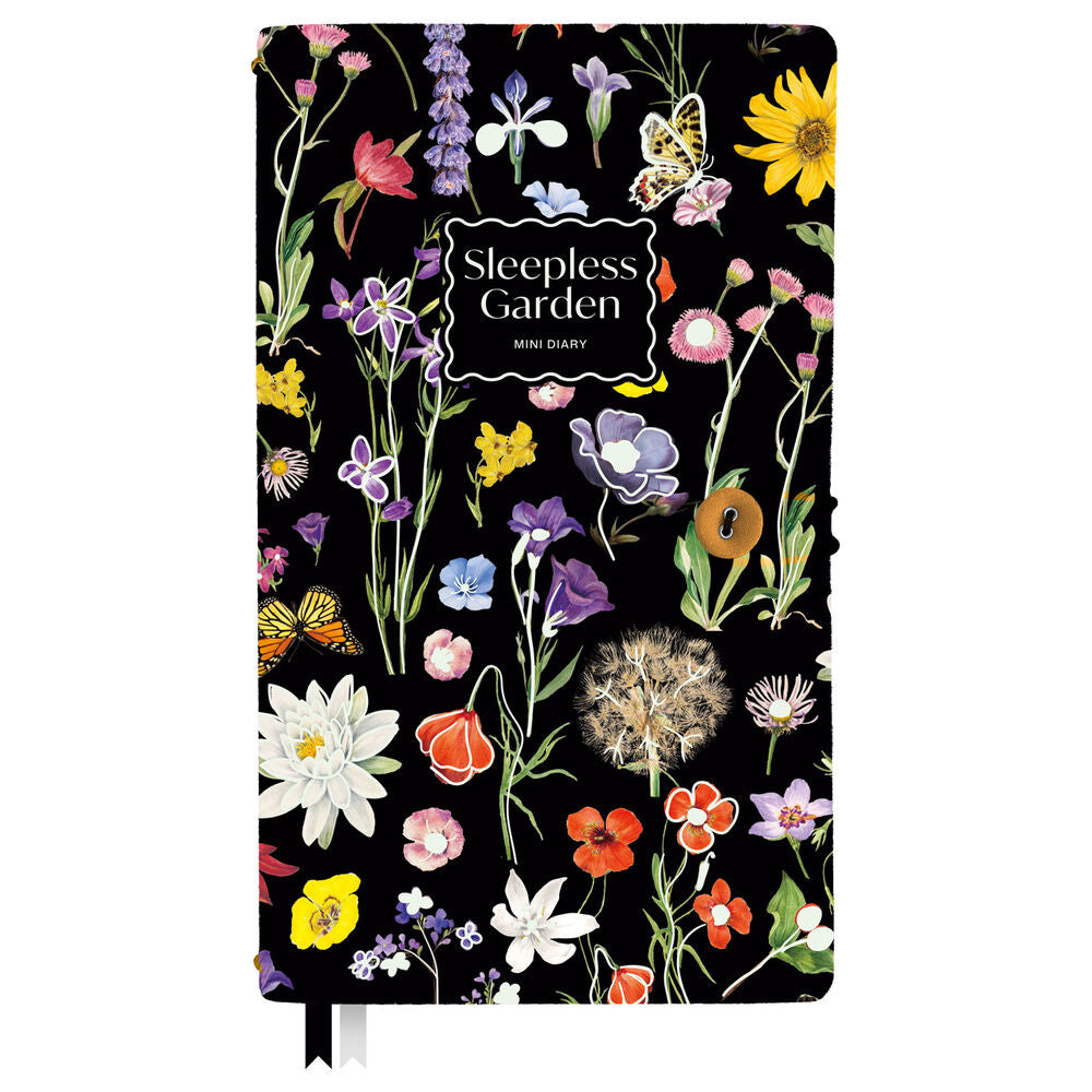 Cuaderno de viaje ERIK Sleepless Garden con flores y mariposas sobre fondo negro