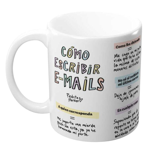 Taza blanca de cerámica Cómo escribir emails de Pedrita Parker