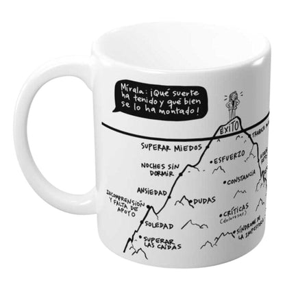 Taza blanca de cerámica ERIK Tener Éxito con ruta ilustrada en blanco y negro