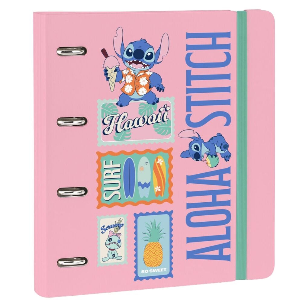 Carpeta rosa de 4 anillas Stitch Disney con cierre elástico