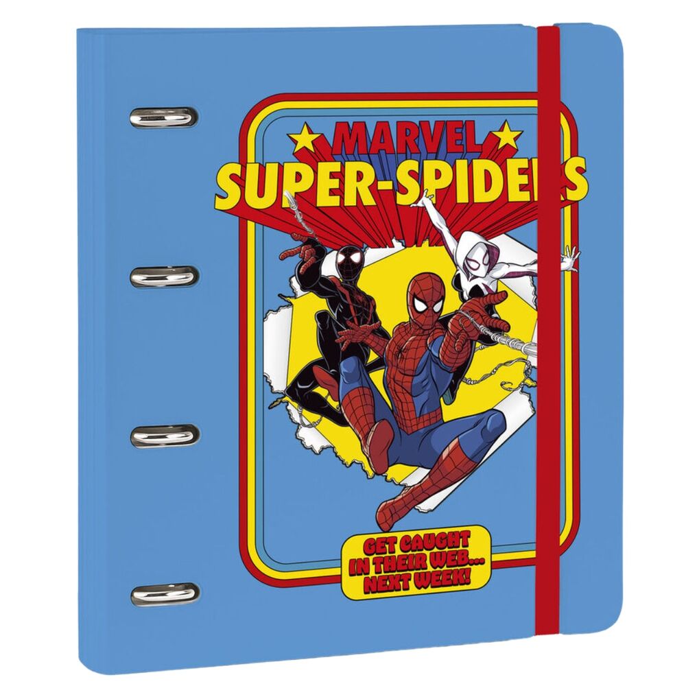 Carpeta azul ERIK de Spiderman Marvel con cuatro anillas y banda elástica roja