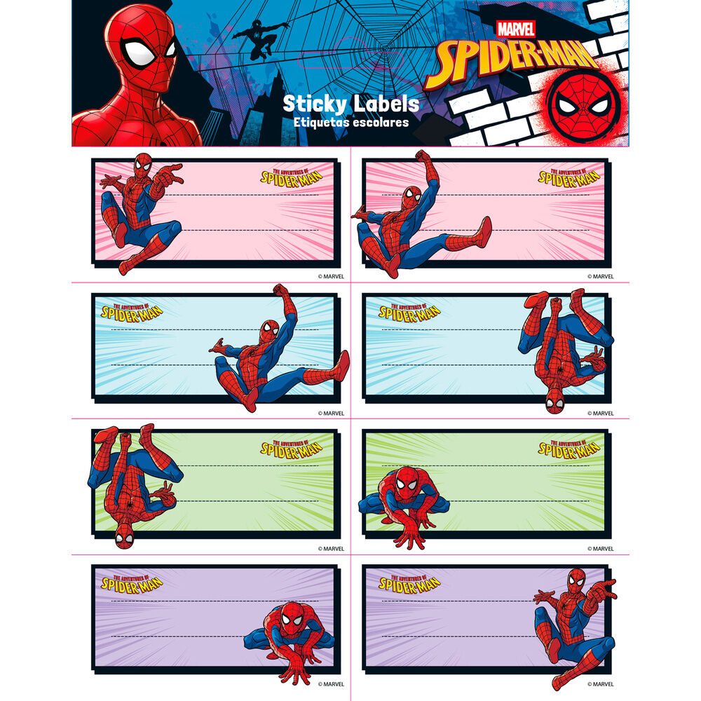 Etiquetas adhesivas escolares de Spider-Man Marvel en varios colores