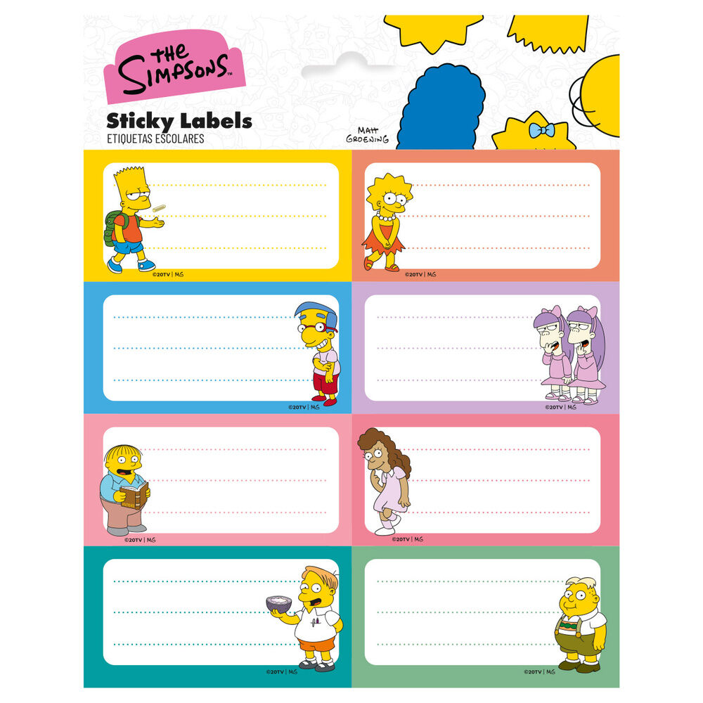 Lámina de etiquetas adhesivas escolares de Los Simpsons con personajes y líneas para escribir