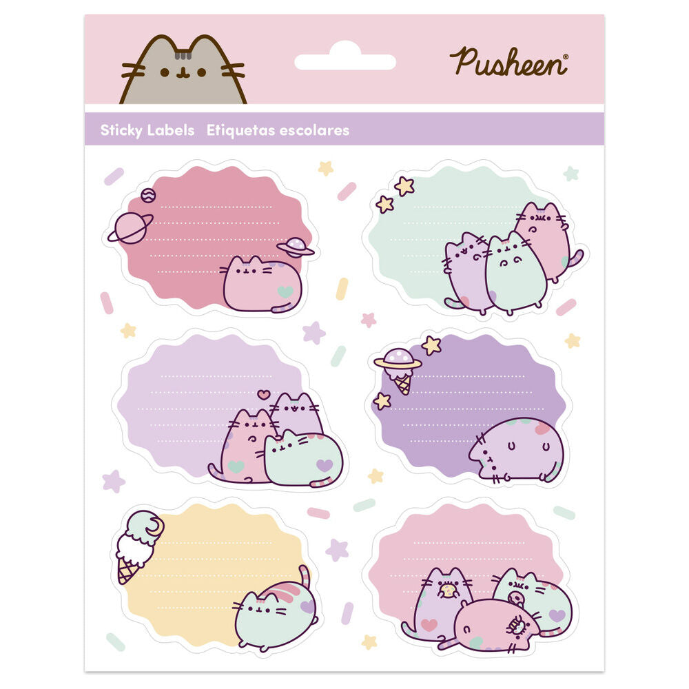 Hoja de etiquetas adhesivas escolares Pusheen en tonos pastel
