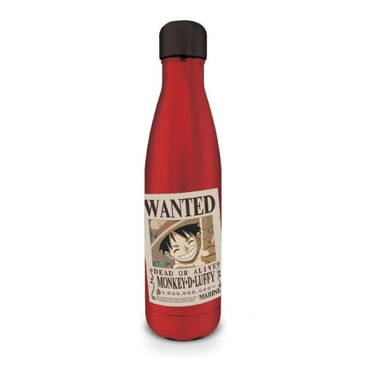 Botella roja de acero inoxidable One Piece con cartel Wanted de Luffy
