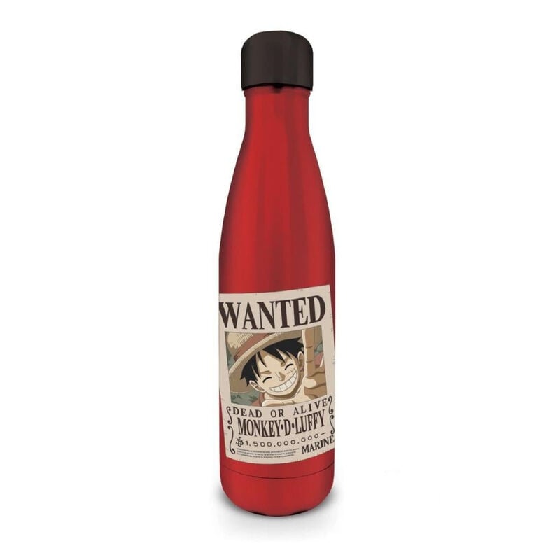 Botella roja de acero inoxidable One Piece con cartel Wanted de Luffy