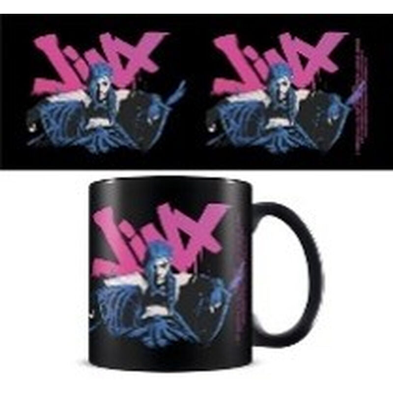 Taza negra de cerámica de Jinx de Arcane con logotipo rosa