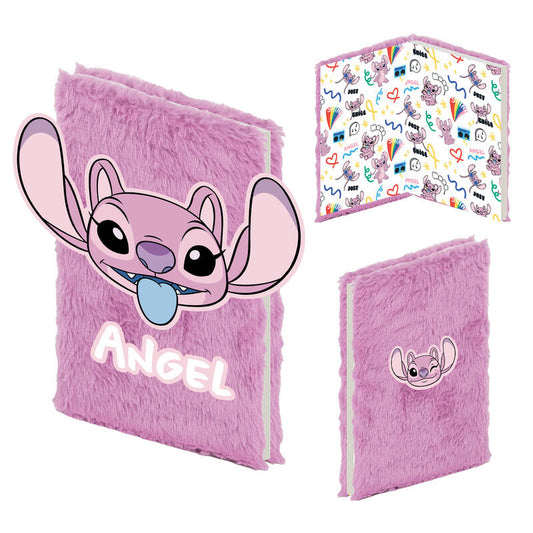 Cuaderno A5 de peluche lila de Stitch Disney con diseño de Angel