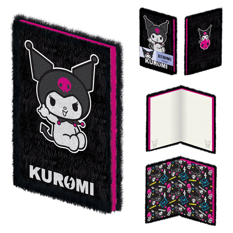 Cuaderno A5 de peluche negro con diseño de Kuromi
