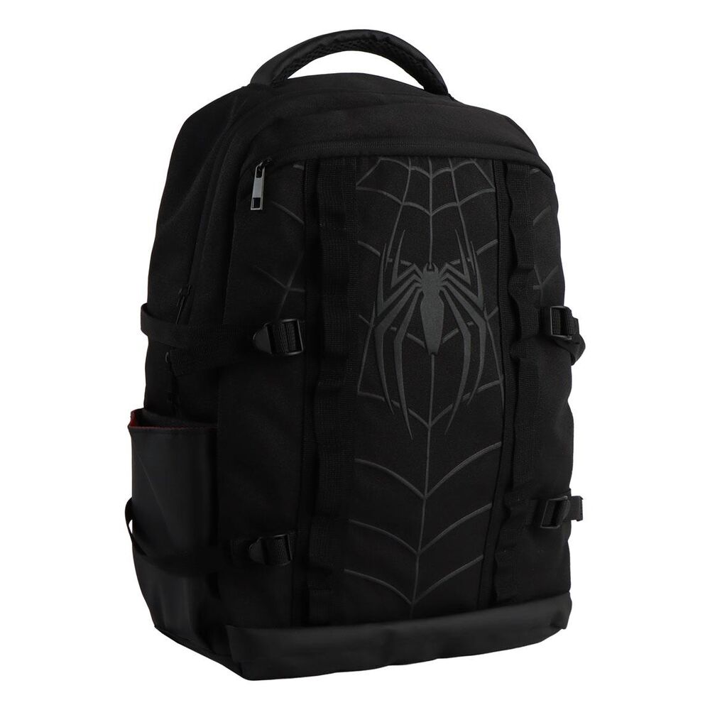 Mochila negra de Spider-Man Marvel con emblema de araña y bolsillo lateral