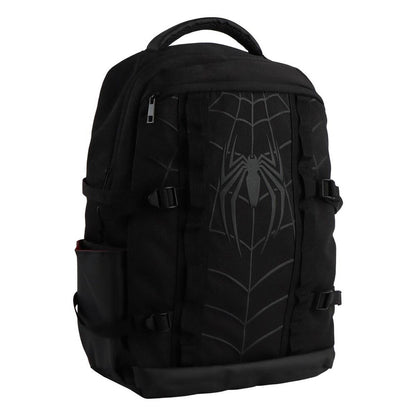 Mochila negra de Spider-Man Marvel con emblema de araña y bolsillo lateral