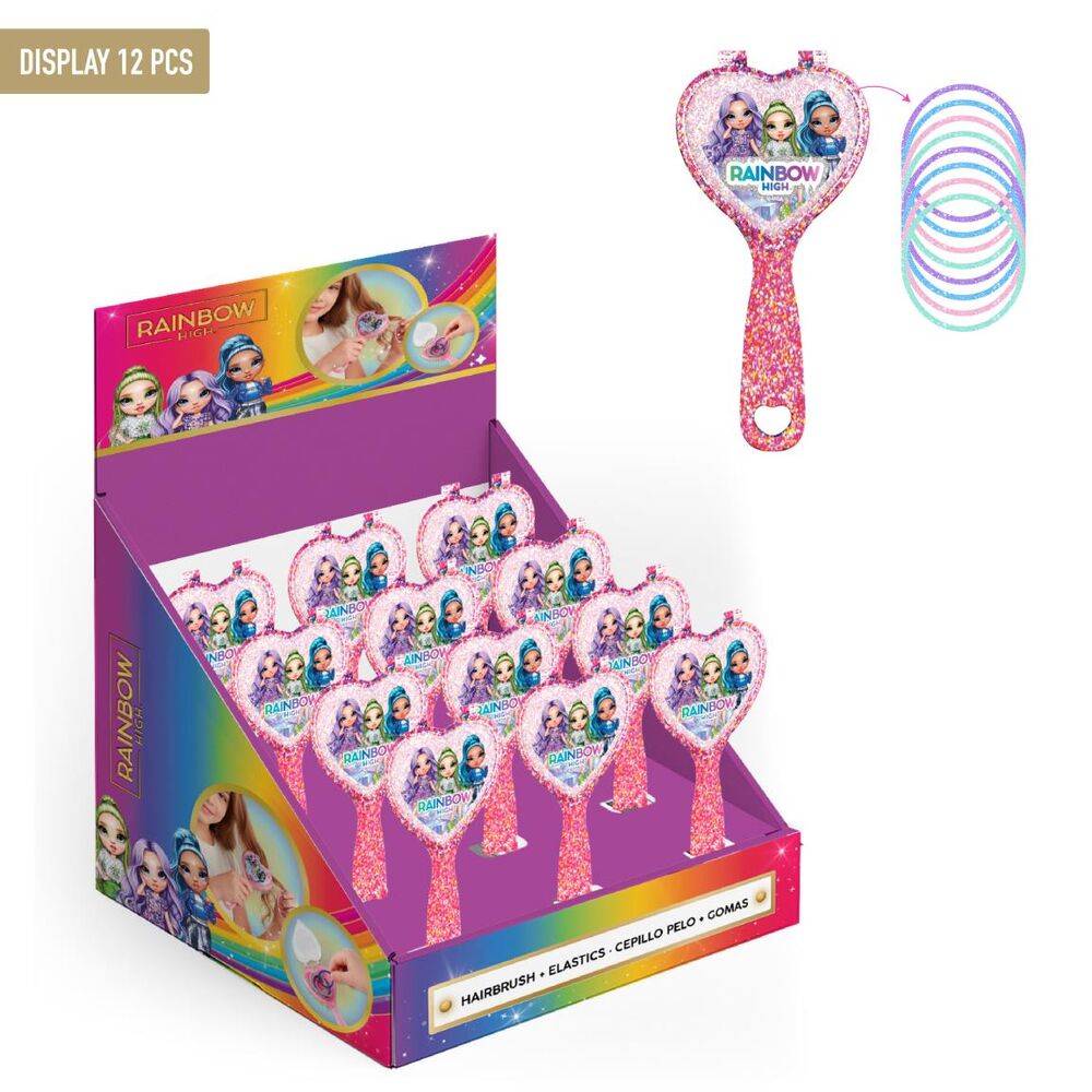 Cepillo para el pelo Rainbow High con diseño de corazón y gomas de colores