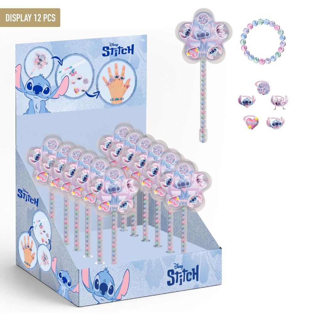 Set de bisutería Stitch Disney con pulsera y anillos en tonos pastel