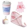 Set de belleza Emily in Paris rosa con vaso, guantes y accesorios textiles
