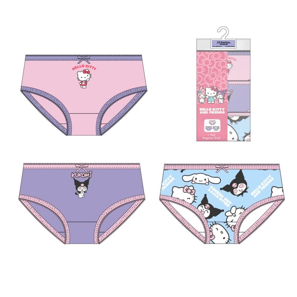 Set de tres braguitas Hello Kitty and Friends de algodón en rosa, lila y azul
