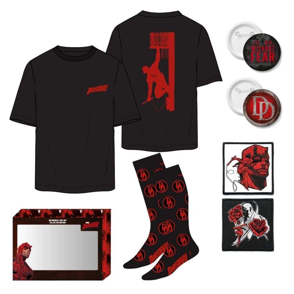 Camiseta negra Daredevil Marvel con diseño gráfico rojo delante y detrás