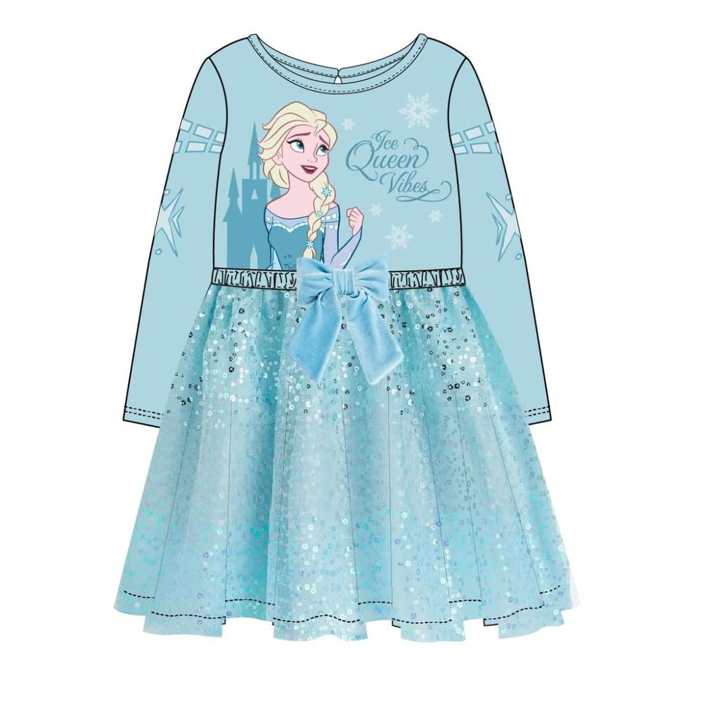 Vestido infantil azul de Frozen con Elsa, mangas largas y lazo