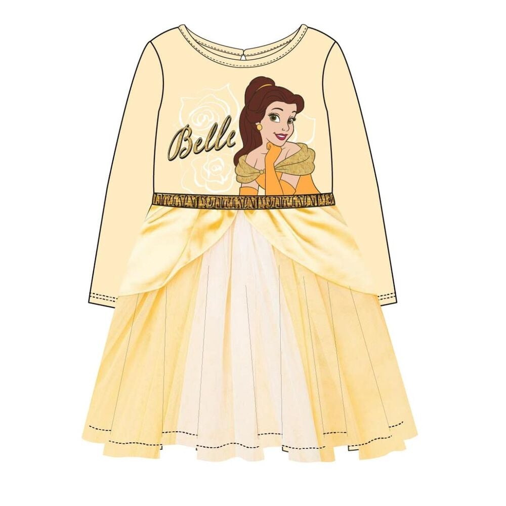 Vestido infantil amarillo de Bella de Disney con manga larga y falda amplia