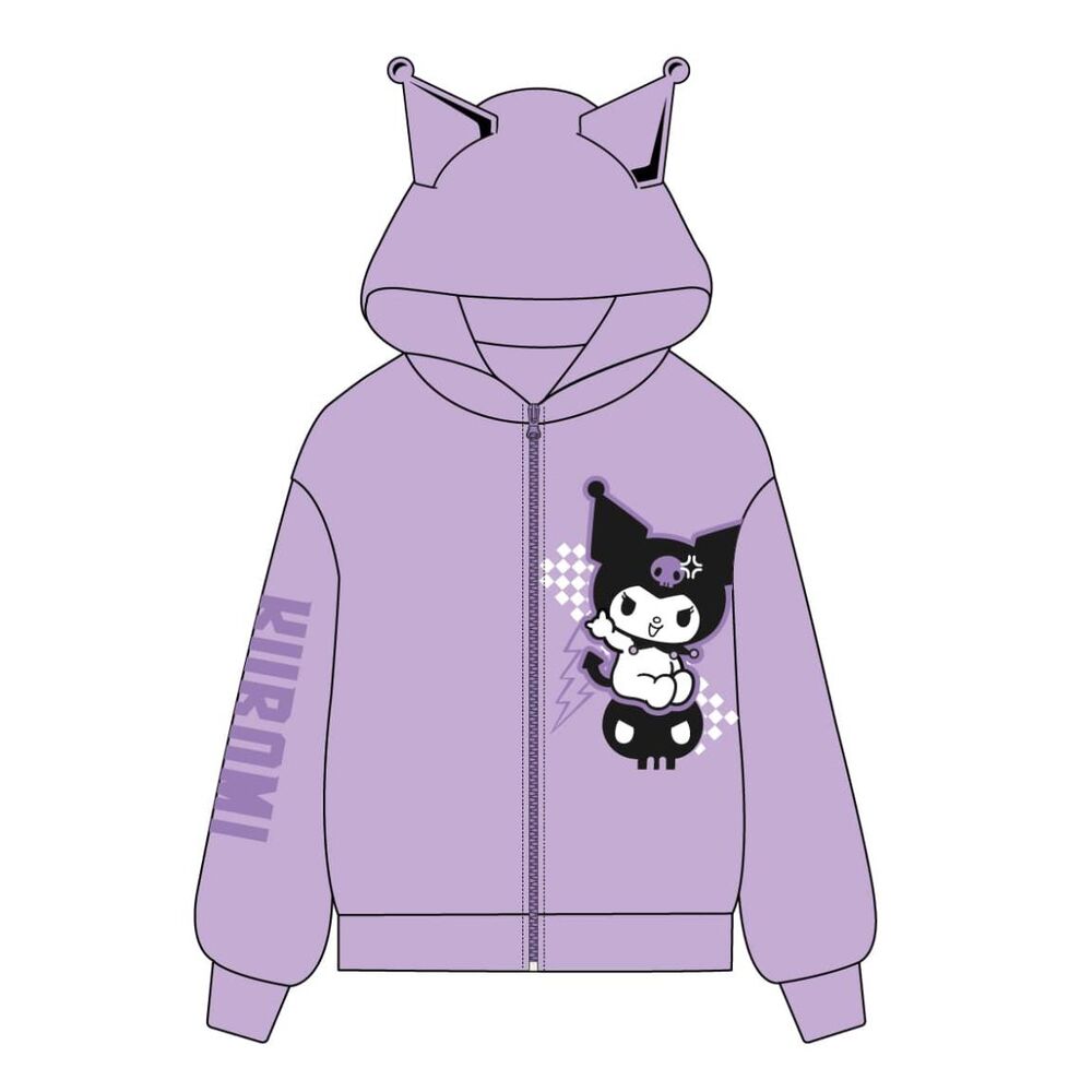 Sudadera infantil lila de Kuromi con capucha de orejas y cremallera frontal