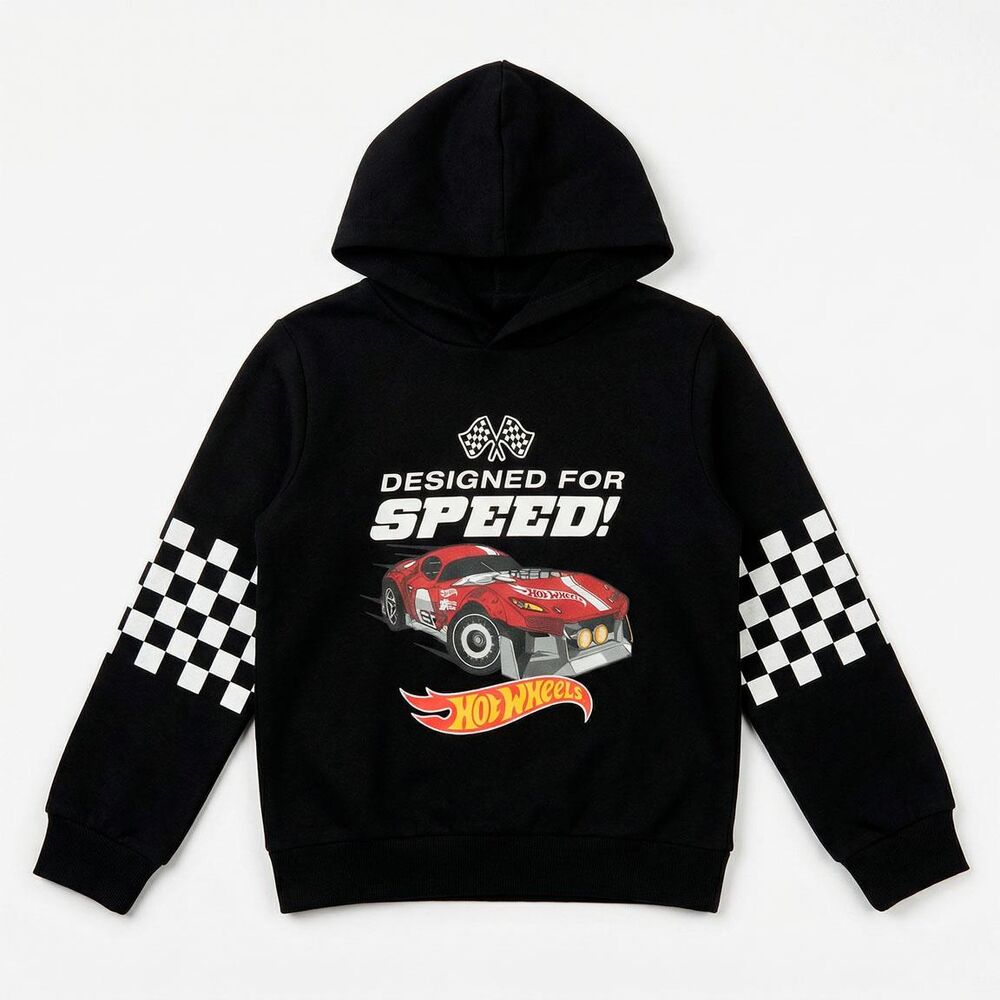 Sudadera negra con capucha Hot Wheels y estampado de coche rojo
