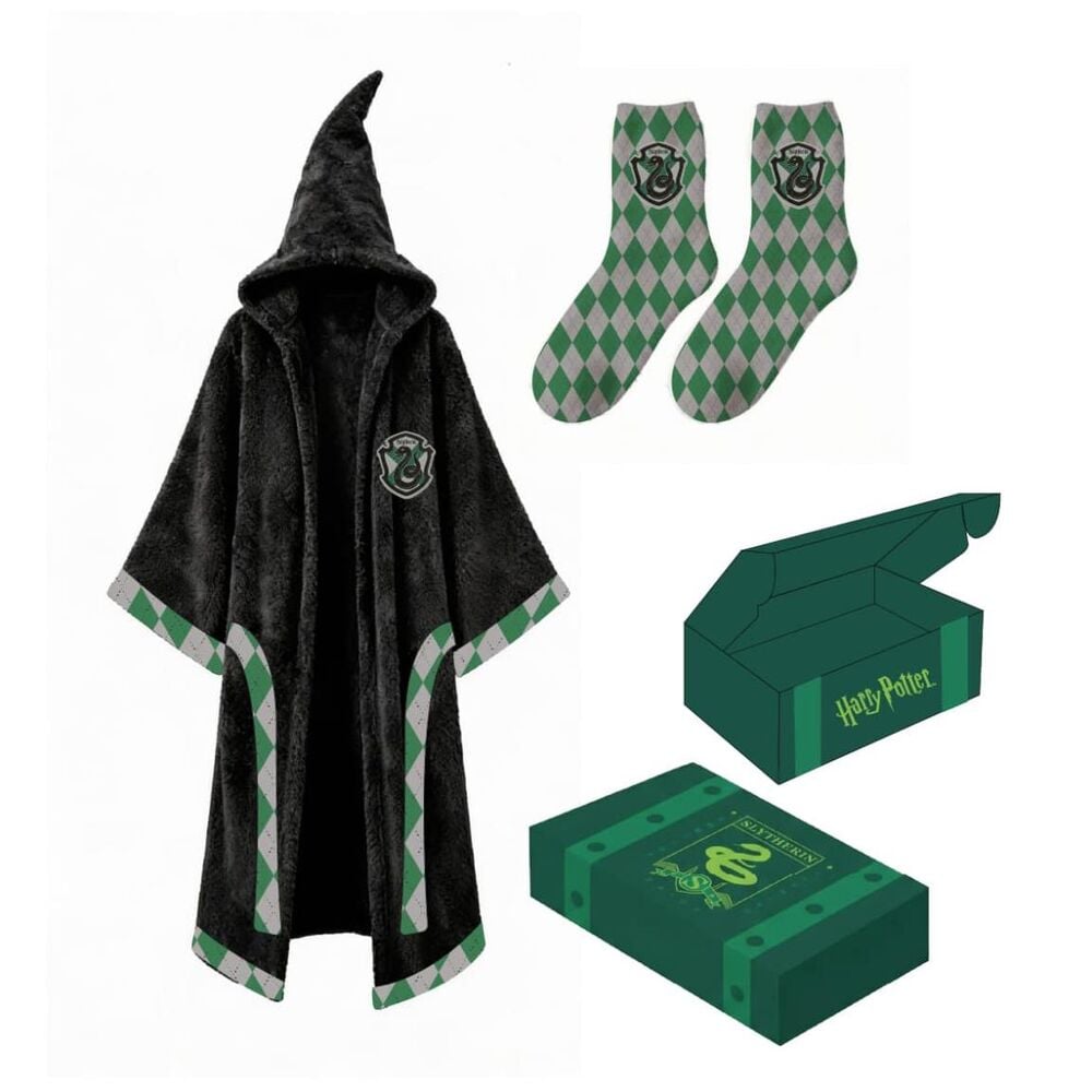 Set regalo Harry Potter Slytherin con bata negra y calcetines verdes