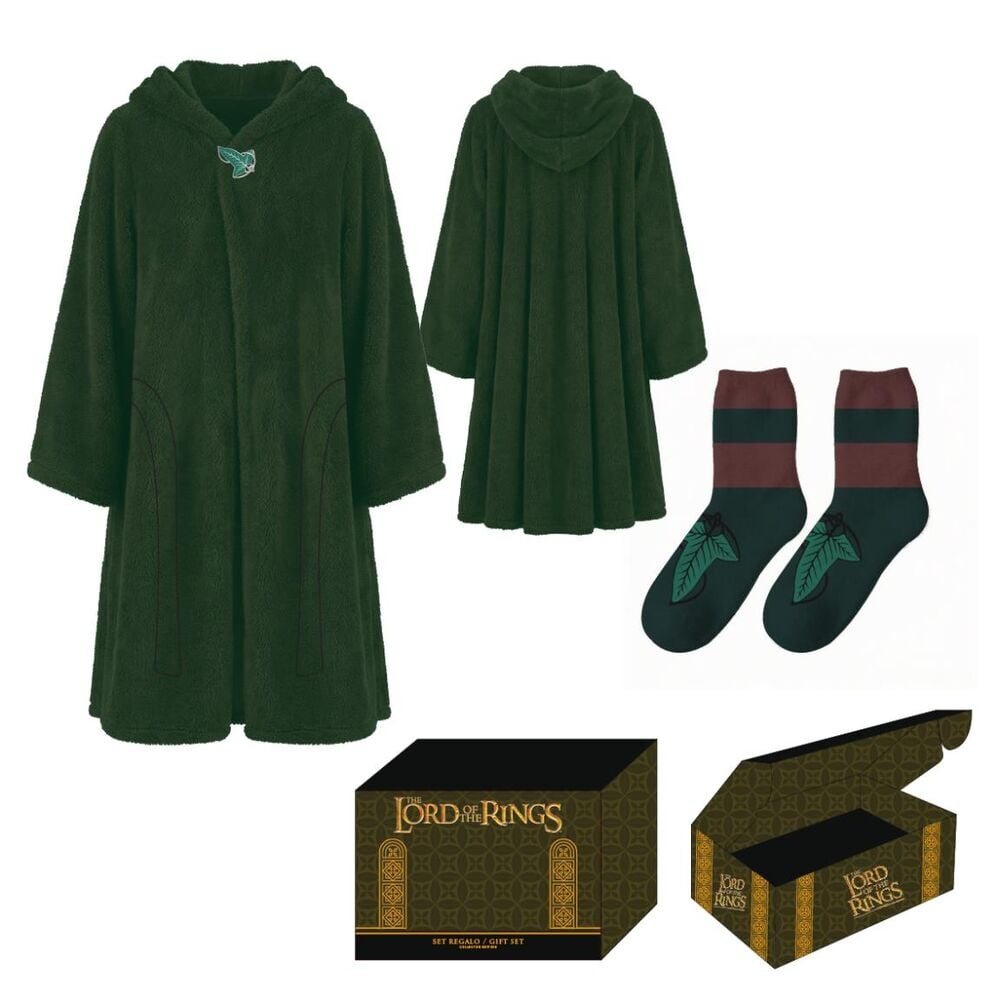 Set regalo Hobbit de El Señor de los Anillos con prenda verde, calcetines y caja decorada