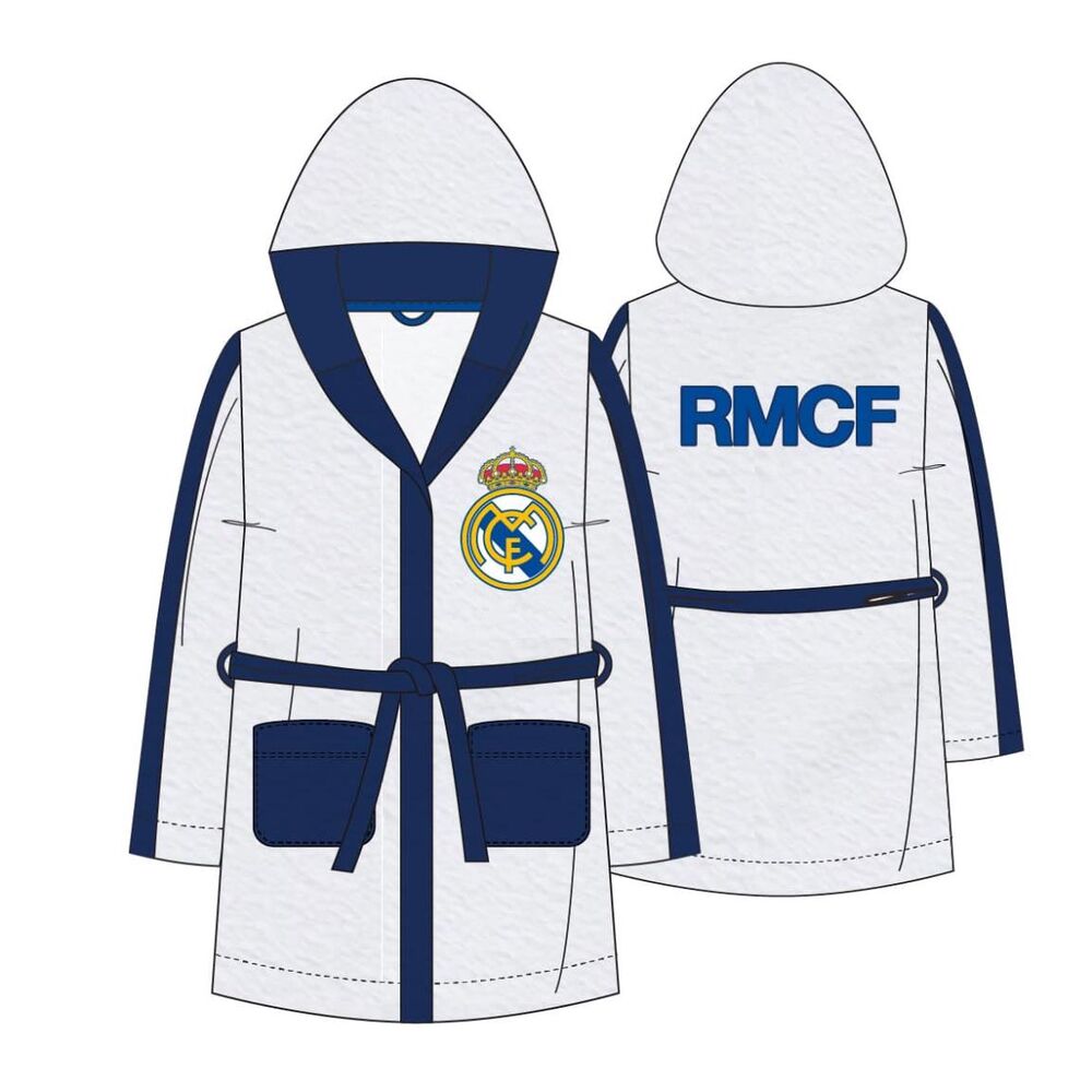 Bata infantil del Real Madrid blanca y azul marino con capucha